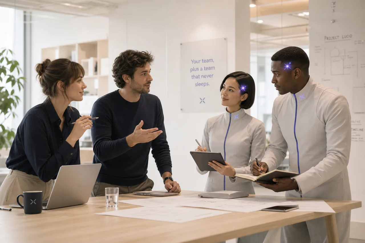 A mixed team of people and Xentro agents collaborating around a table
